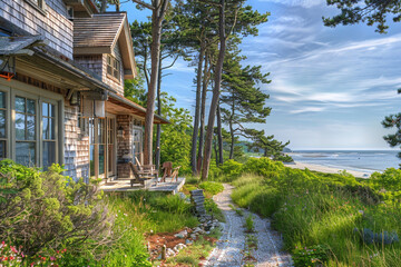 A coastal Craftsman home with shingle siding, a panoramic view deck, and a path leading down to a private beach, blending traditional charm with a maritime setting. - obrazy, fototapety, plakaty