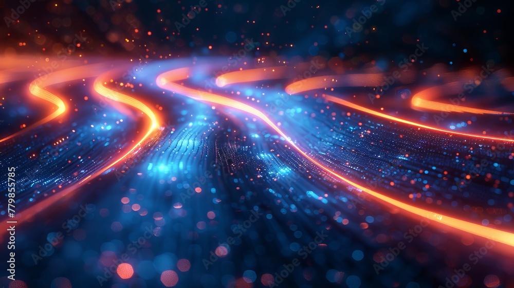 Poster A blue and orange neon stream flows across a high tech abstract curve background with striped creative texture. Rays of light are in motion through cyberspace. 3D illustration.