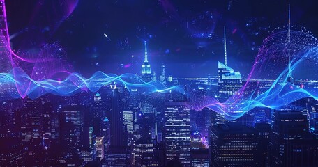 Futuristic cityscape with digital wave overlay, skyline at dusk and vibrant combination of nature and technology