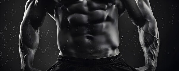 Muscular man abs, shaped abdominal. Strong male naked torso, bodybuilder working out with black background