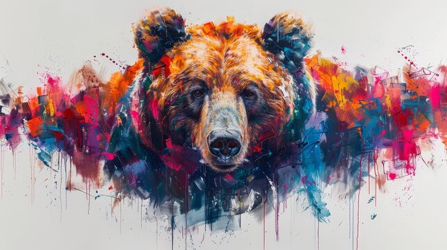   A painting of a bear's face with multicolored paint splatters