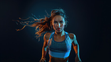 Fototapeta na wymiar athletic girl in sportswear with prominent muscles runs on a black background, beautiful studio light, fitness, training, woman, runner, athlete, lifestyle, portrait, people