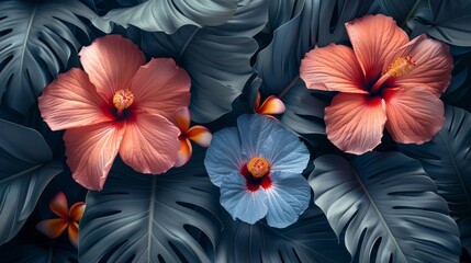   A tight shot of two flowers on a plant, with leaves in the foreground and a blue and pink bloom behind - obrazy, fototapety, plakaty
