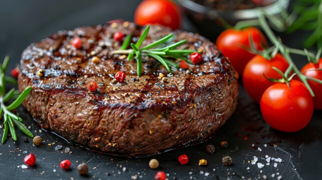   A steak topped with a sprig of rosemary Side dishes include cherry tomatoes and an additional sprig of rosemary