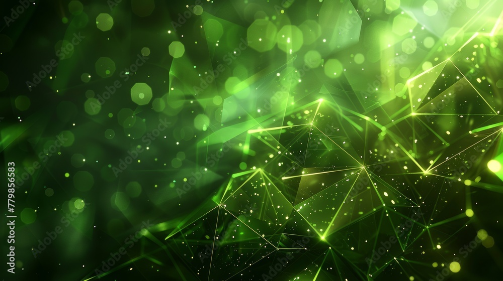 Poster An abstract background with green triangles and polygons. The image is a 3D rendering toned image double exposure.