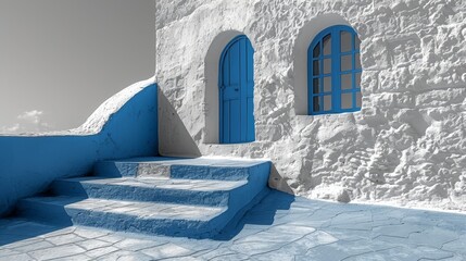   A blue-and-white building with two blue doors and a staircase leading outside - obrazy, fototapety, plakaty