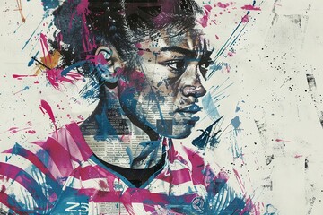 Urban street art featuring a female rugby player with a resolute expression, adorned in a meticulously detailed jersey of pink and blue stripes, created entirely from colorful newspaper