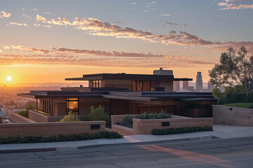 Obraz premium A contemporary Craftsman home with a minimalist aesthetic, using a restrained palette of materials to highlight the beauty of simplicity and craftsmanship, set against an urban skyline.