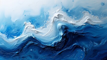   A painting of blue-and-white waves against a matching backdrop, with water droplets at the wave's base