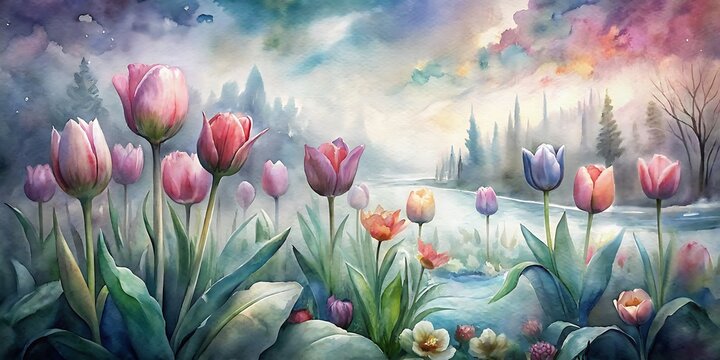 Spring Watercolor Tulip Landscape, Spring Tulips painted with watercolor, Tulips Watercolor, Spring Watercolor flowers, Spring Background