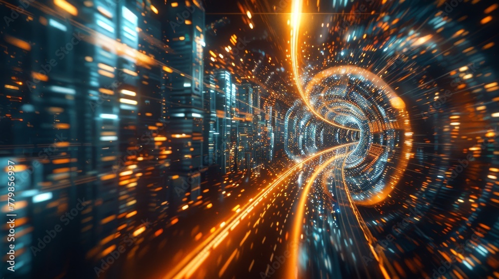 Poster An image of warp speed in hyper loop at night with blurry lights in a mega city. Innovation, fintech, 5G fast networks, deep learning, and machine learning are represented in this image.