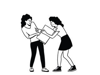 Two woman fighting for a shopping or two woman arguing for a bag concept vector drawing