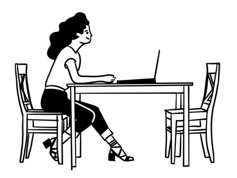 Girl working with her computer at coffee shop alone, work form home concept vectot drawing
