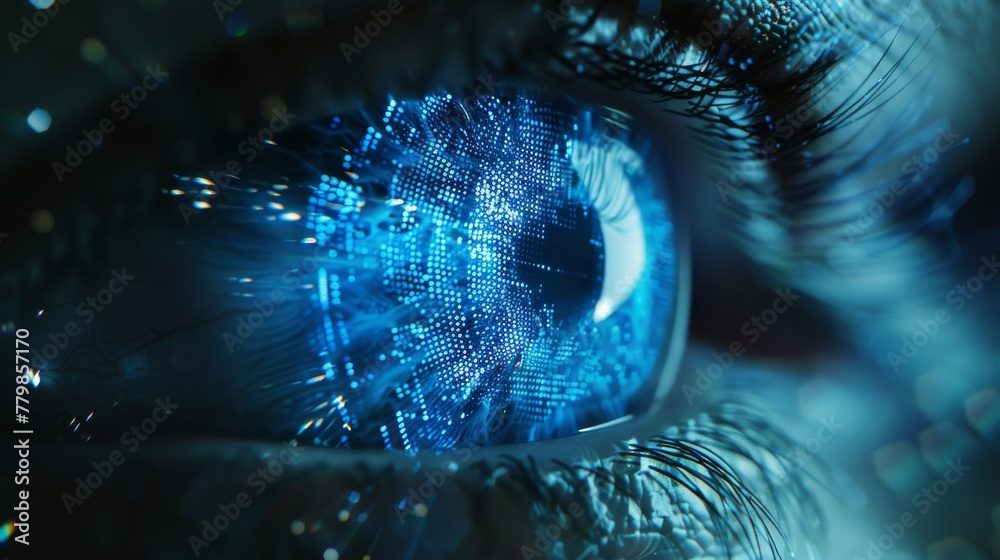 Poster in 3d rendering, a futuristic digital biometric security screening system for iris and eye in the fu