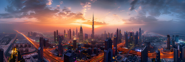 Twilight panorama of a vibrant cityscape with urban motion