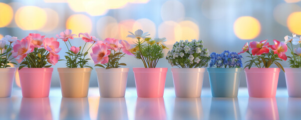 Line of flower pots on light background, panoramic view, generated ai