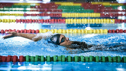 Female athlete in action, performing the backstroke swim technique in the indoor lap pool....