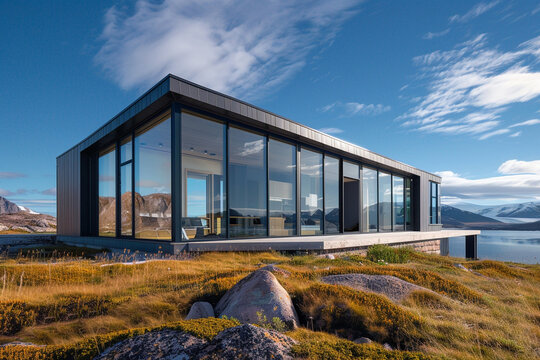 A contemporary Greenlandic home in a green belt zone, with energy-efficient features and large windows that frame the dramatic Arctic landscape.