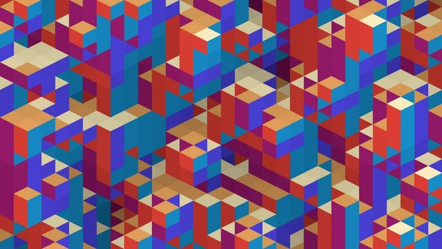 3D cubes loop. Isometric geometric mosaic pattern of colorful orange and blue blocks.