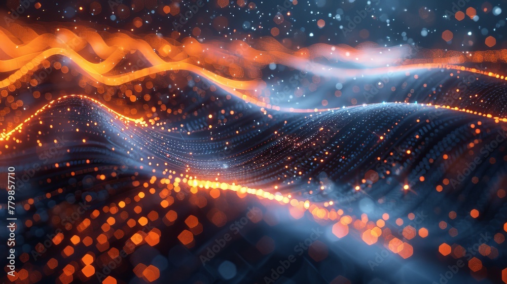 Poster Circle wave with moving dots. Flow of particles. Cyber technology illustration. 3D rendering.