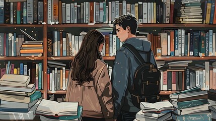 Couple Engrossed in Literary Discovery Amid Bookshelves Exploring the Enchantment of Knowledge and Romance