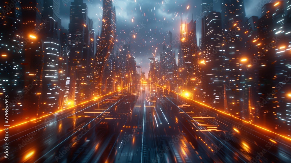 Fototapete A rendering of next generation technology, fintech, big data, 5G networks, machine learning, and warp speed in hyper loop.