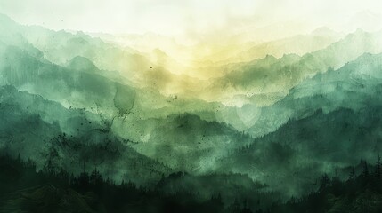   A painting of a mountain range with trees in the foreground and a yellow-green sky in the background - obrazy, fototapety, plakaty