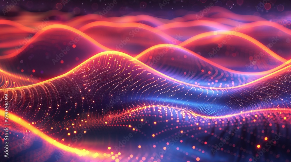 Poster A wave background with numerous glowing particles. Rhythmic wave. Digital network background. 3D rendering.