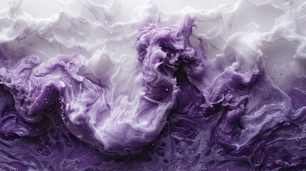   A close-up of a purple and white substance with water drops at its base At the image's bottom, a black and white substance is present