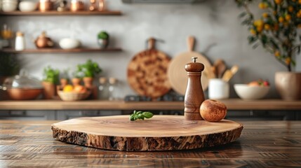 Fototapeta na wymiar Elegant wood tabletop foreground with a gently blurred kitchen backdrop, ideal for showcasing kitchenware