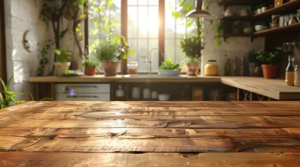 Elegant wood tabletop foreground with a gently blurred kitchen backdrop, ideal for showcasing kitchenware