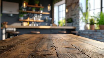Smooth wooden surface with a soft-focus kitchen scene behind, perfect for product displays and design mockups