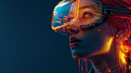 A young cyber girl with glowing red yellow wired hair wears science fiction metal virtual reality glasses. This is a 3D rendered image set against a dark blue background. - obrazy, fototapety, plakaty