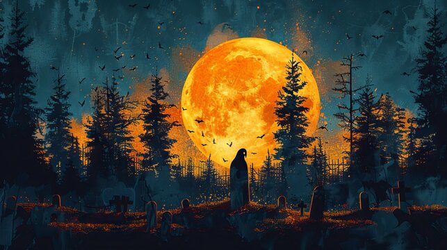 A modern illustration in dark blue and black colors depicting a night concept halloween invitation with a huge yellow moon bats, crows, ghosts, gravestones, and trees with crosses on them