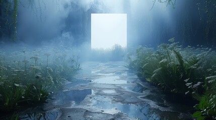   A Middleless foggy forest path holds an open door, water flowing through its threshold Grass precedes in the foreground
