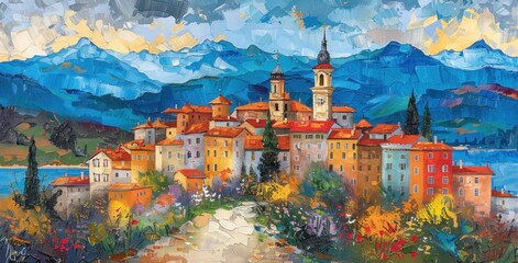an acrylic painting showing an old city