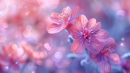   A tight shot of two pink blossoms against a backdrop of blue and pink Background features soft lights, subtly blurred