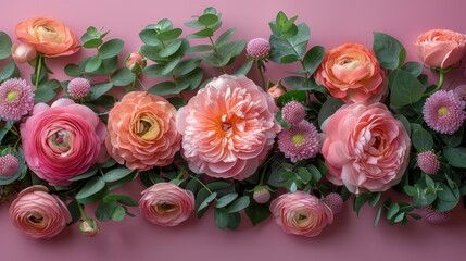   A pink background hosts a cluster of pink and orange blossoms The center showcases emerald-hued foliage and blooms