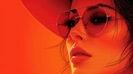 Photo sur Plexiglas Rouge An orange background is displayed on this fashion style modern illustration of a flat girl on vacation wearing a hat and glasses
