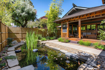A Craftsman bungalow with a zen garden, bamboo fencing, and a tranquil pond, creating a peaceful retreat in the heart of the city.