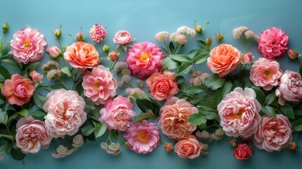   A cluster of pink and orange blooms against a blue backdrop, featuring green foliage in frame's center