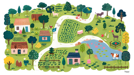Colorful map of happy farm flat childlike illustration