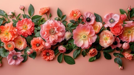   A tight shot of an arrangement of flowers against a pink backdrop, with leaves and blooms centered in the frame