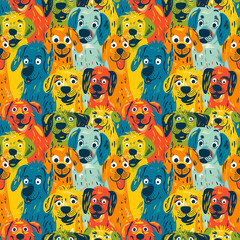 Colorful, abstract seamless pattern with a variety of playful dogs. - 779859982