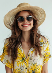 Fototapeta premium happy young woman in hat, sunglasses and summer clothes on white background, vacation, travel, tourism, holidays, portrait, face, relax, girl, smile, joy, emotions, hawaiian