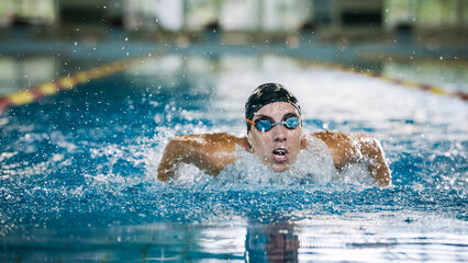 Front view of a female swimmer swimming butterfly style, a stroke performing in a competitive swimming. Success, power, and strength concept.