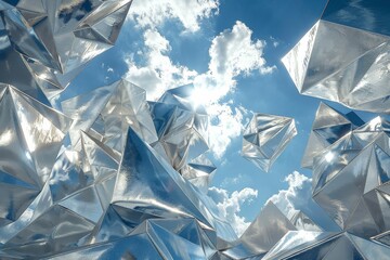 Abstract silver metallic shapes floating high in the atmosphere