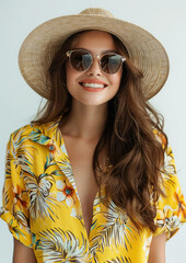 happy young woman in hat, sunglasses and summer clothes on white background, vacation, travel, tourism, holidays, portrait, face, relax, girl, smile, joy, emotions, hawaiian - obrazy, fototapety, plakaty
