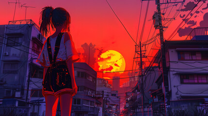 Synthwave anime manga illustration, city life, sunset, lofi vibes, dusk