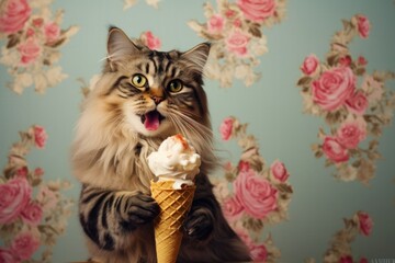 Happy opened mouth cat with ice cream on a colored background. Concept of summer heat. Anthropomorphic animals